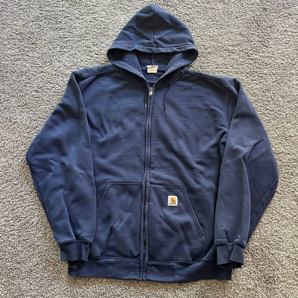 Vintage Carhartt Full Zip Hoodie Workwear Navy Blue Fleece Lined Mens XL K337